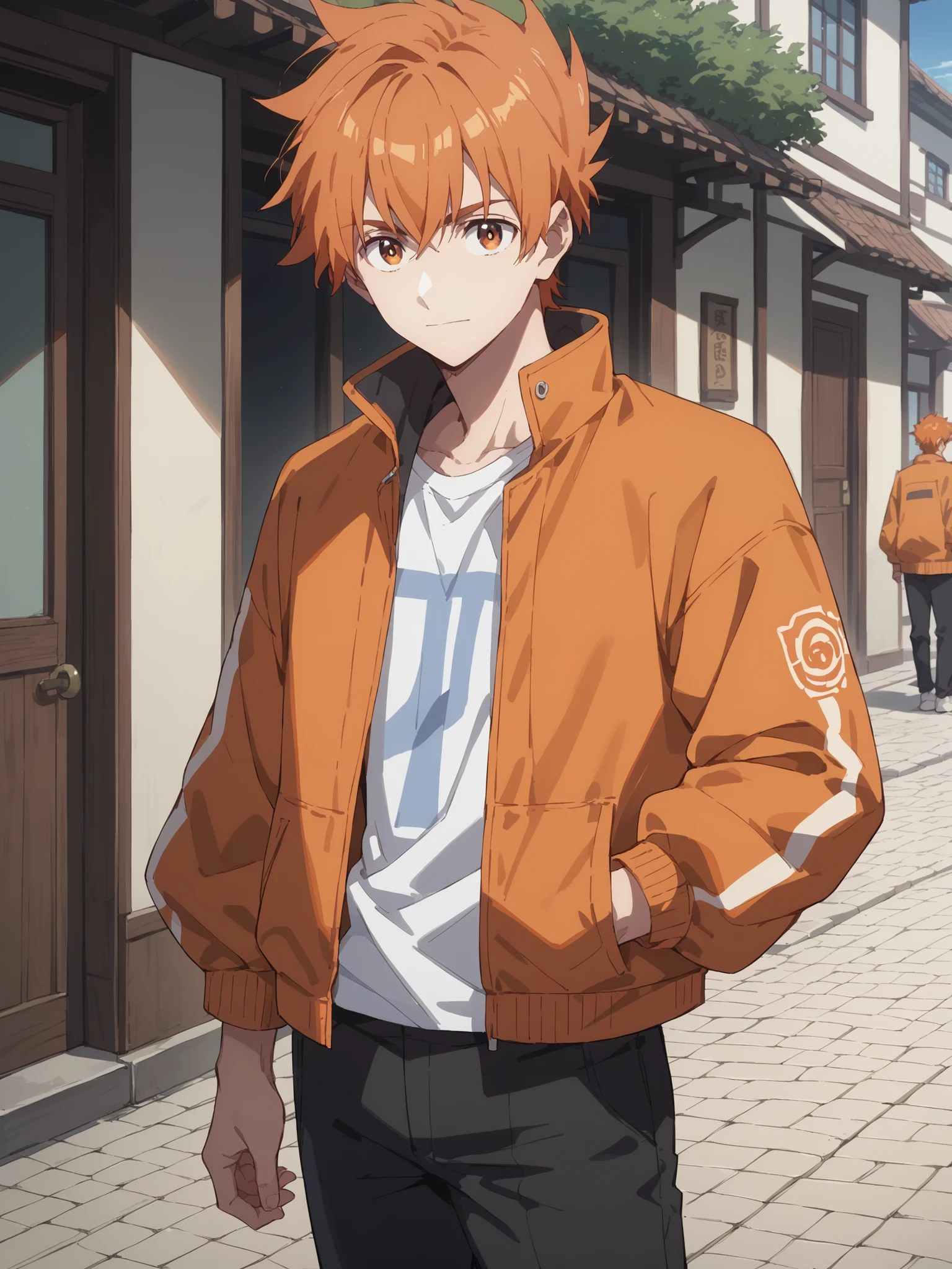 solo、Detailed face、orange hair、orange jacket、male、Orange Eyes、black pants、Anime、