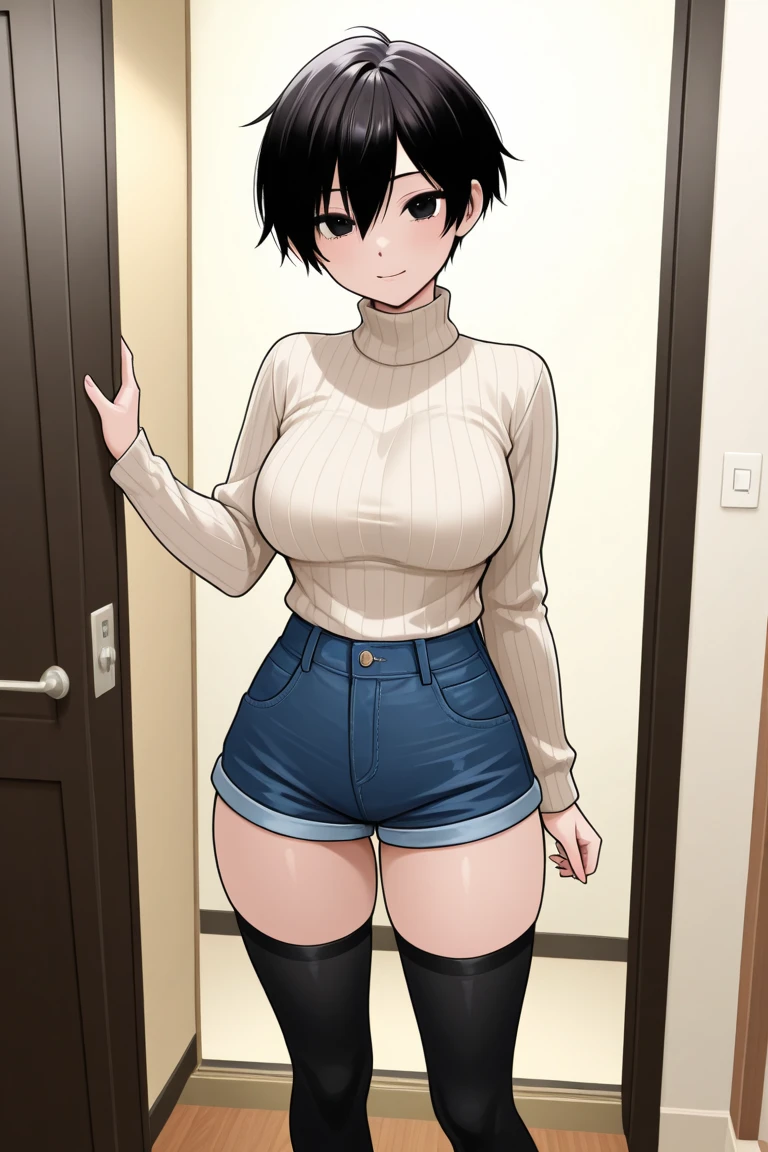 ((highres)), Masterpiece, high quality, best quality, beautiful, perfect lighting, detailed face, ultra cute face, ((1girl)), ((solo)), short brown hair, messy hair, brown eyes, ((blush)), smile, looking at viewer, turtleneck sweater, jeans, ((medium breasts)), wide hips, thick thighs, library, arms behind back,