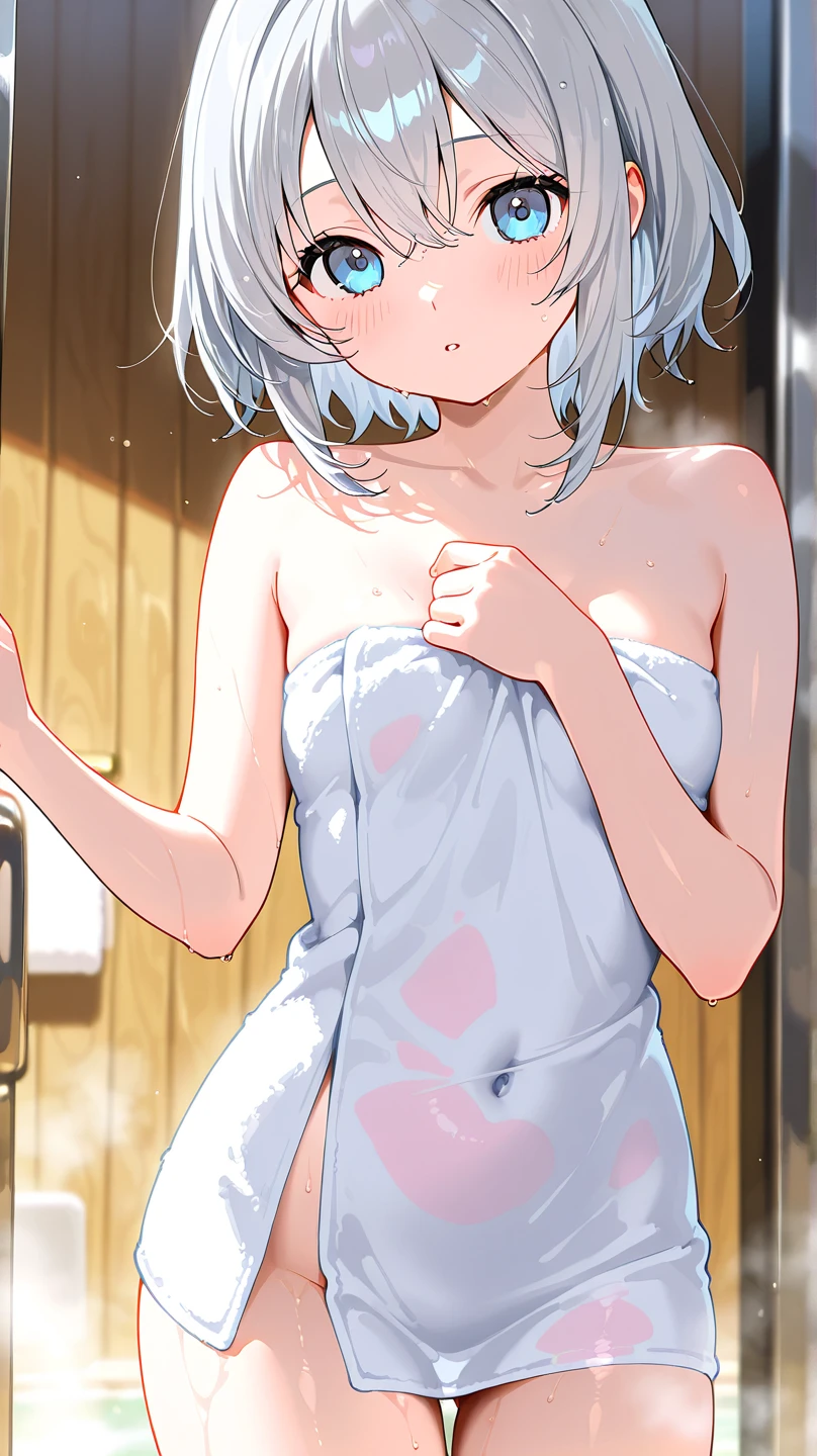 (masterpiece, Highest quality:1.2), One girl, high quality,girl,slender,((Sweaty,steam,burn)),panty,shy,wet panty,Embarrassing,((open legs)),stand up,Wet,girl trembling with sexual climax,Fair skin,sex appeal、cute、sit、sauna、tough