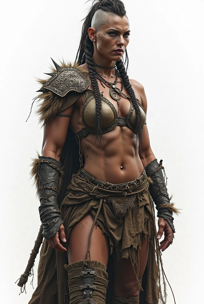 Half-orc girl (Half-orc ,Orc Girl , in the open mouth huge wolf teeth Large sharp fangs,) (Tolkien, muscular, The lower fangs stick out of the mouth, aggressive look, Skin with a green tint,scars ,scratches, dirt) 15 year old , Full length photo, Skin with a green tint, Half-orc (protruding fangs, aggressive look, pronounced muscles on the body) Standing in a fighting stance, In his right hand he has a large sword; , In the woods , Front left view,, Cloth : chain mail , Metal bracelets, suede knee-high boots, without underwear, ,short_Dirty_shaggy_Red_hair , Amber eyes , 14 years , small ass, ,protruding ribs,Metal black bib, Thin face,well-defined muscles in the legs, Around the neck is an amulet made of silver, chain mail armor , trimmed with wolf fur, A large two-handed sword,pale green skin, rough not perfect skin of the body, scars and scars on the hands and body
