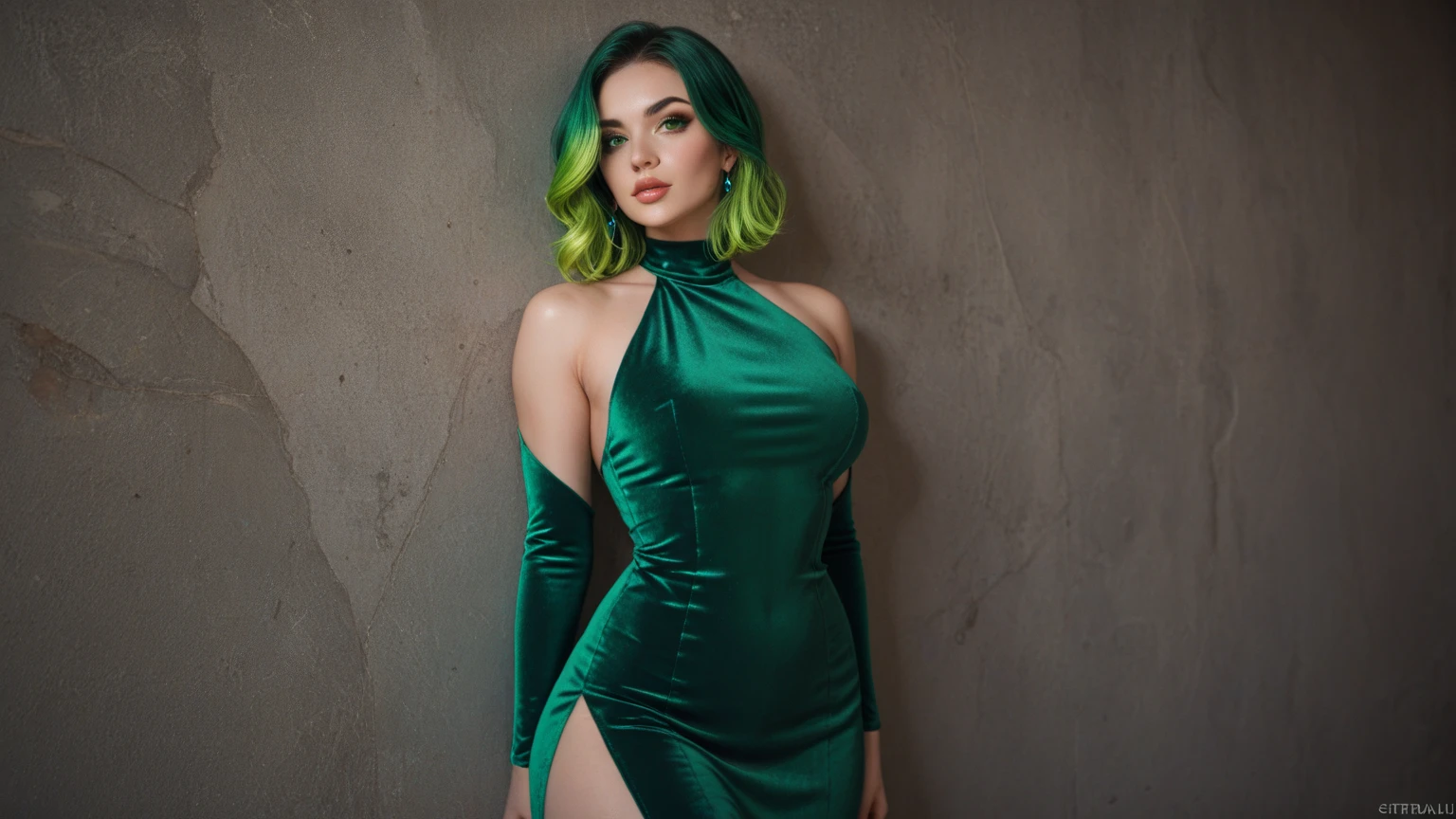 1girls, Nur, green Hair , 24 years old , She is wearing stylish clothes, heavy makeup, and extravagant jewelry.