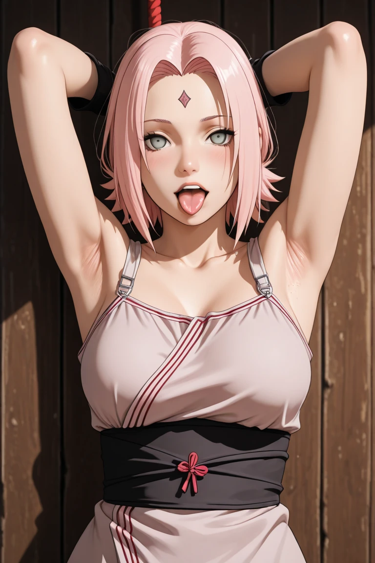 tmasterpiece, Best quality at best, 1girll, Sakura Haruno, Large breasts,upperbody closeup),Raised sexy,is shy,smile,with pink hair, Green eyeballs:1.4), Forehead protection, alley, prostitute, slutty, (thong with zipper on front), (nipple pasties), ((nude)),