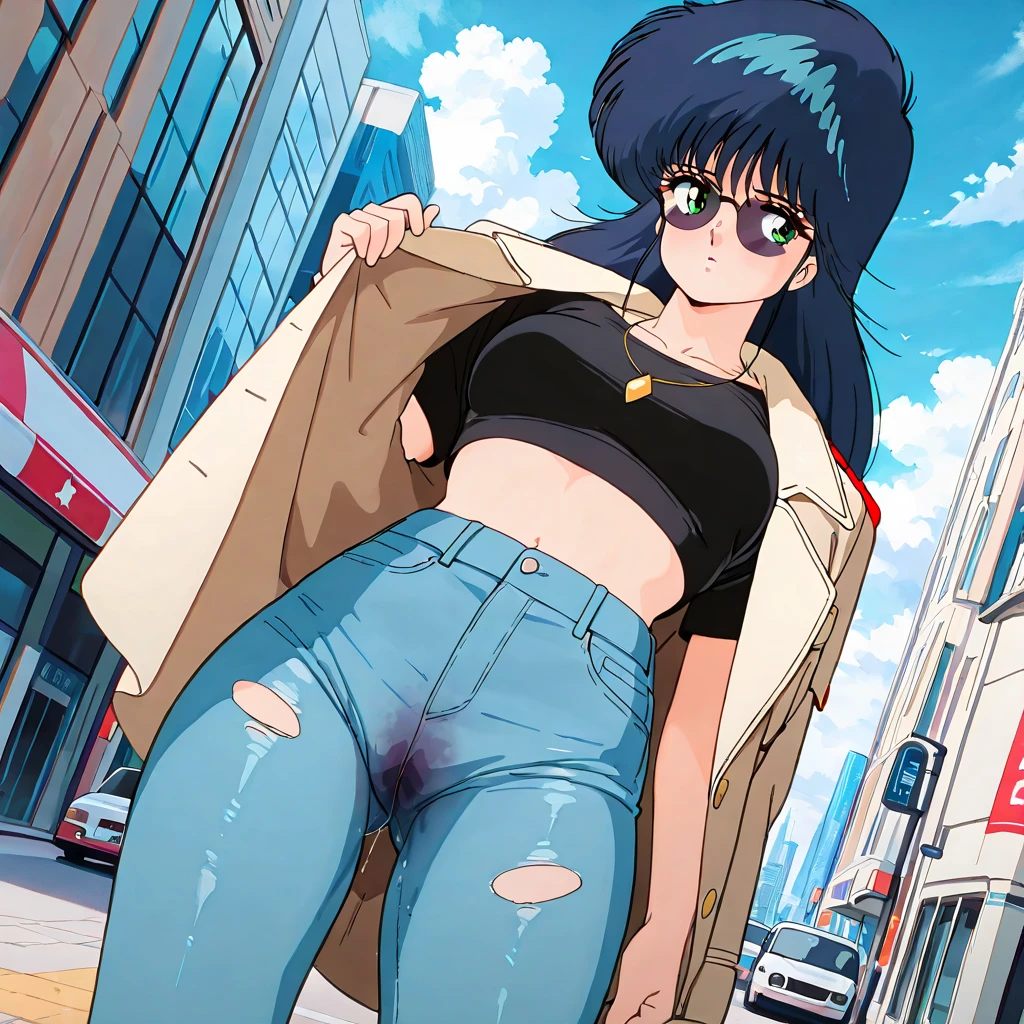 Madoka Ayukawa, , bangs, 1girl, masterpiece, highest quality, disorganized, retro artstyle, 1980s \(style\)))), look viewer, (((full nude))), full blush, (((no Panties))),, Take a look here, (((nsfw))), view audience, nsfw, Genitals are visible,1girl, (((See here))), nsfw, (Japanese girl showing off genitals:1.1), look viewer, (((a girl, Flying in the air in a naked, from the knees up, overlooking the cityscape below,))), openwidee, peeing,