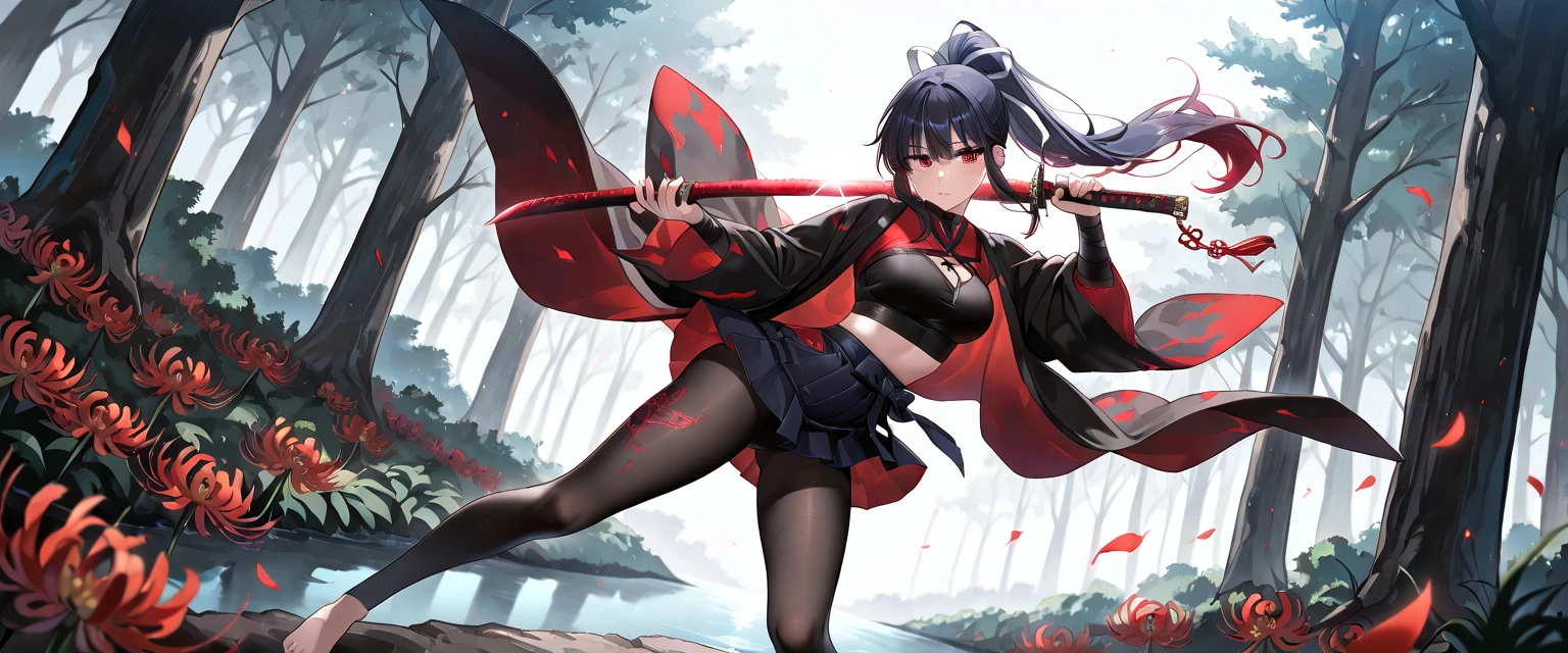 Best quality,Masterpiece,超高分辨率,(Photo realism:1.4),Bandages,full bodyesbian,Red eyes,Red clothes,Ninja thanks,Large of breast,(((Wide hips))),Toned body,Thin waist,Long legs,Stamp gesture,