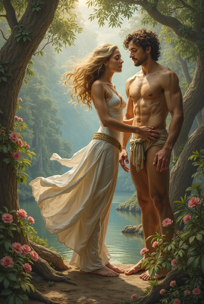 Adam recognizing Eve as 'bone of my bones and flesh of my flesh' with clothes distance between both