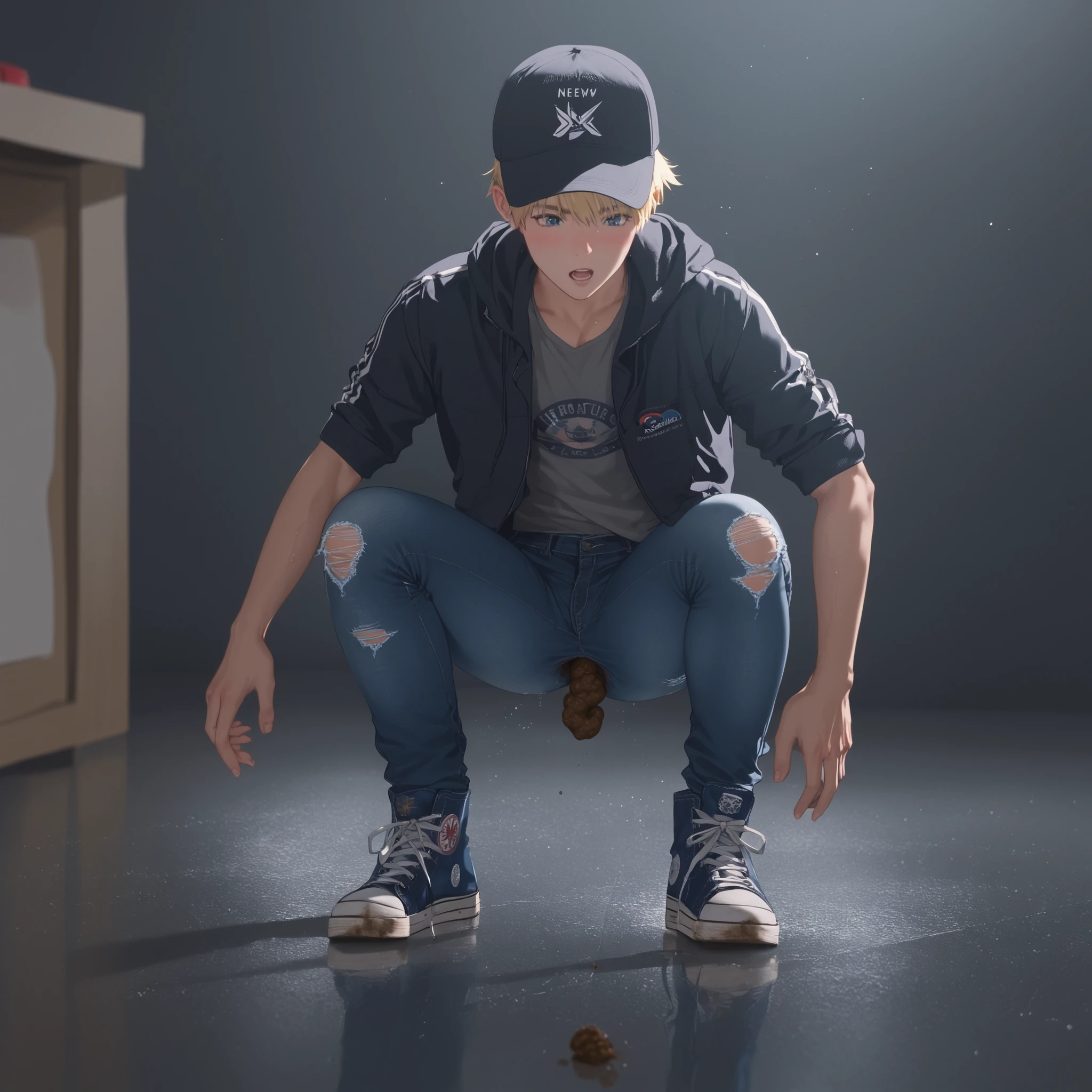 score_9, score_8_up, score_7_up, score_6, (masterpiece), best quality, Slim sporty boy 1boy, wearing hoodie, 1boy, (is squatting, Legs lowered :1.1), (((Panty Poop ,nsfw, ass with poop)), internal, 1boy, blonde hair, (short bob, crew cut,),, wide shoulder ,thin waist, wide hips, break, (a pair of light blue ripped skin tight leggings jeans:1.8), (sneakers converse x-hi:1.7), (((jeans hole Poop ,nsfw, ass with poop))), spread legs. A long, hard piece of excrement protrudes from a small hole between the back pockets of his jeans