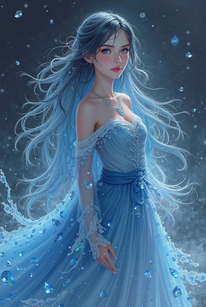 Masterpiece, Top Quality, Best, Official Art, Beautiful and Aesthetic, Long Exposure: 1.2) Smooth Movement, Fascinating Patterns, 1 Girl, (No Cleavage: 1.4) (Long Dress with Sleeves: 1.3) Blue Long Dress (small breasts: 12) Strapless, adult Russian woman, freckles, hair solo, upper body, watcher, detailed background, detailed face, (crystallineAl, crystalline theme: 1.1), elemental water sprite, spinning water, controlling water , diamond clothes floating particles, ethereal dynamics, water, vapor, ocean in background, blue tint, coast, ethereal atmosphere