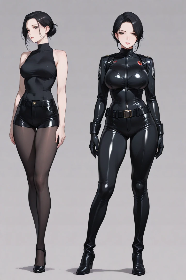 (((Best Quality))), (((Masterpiece))), (((Realistic))) slender, cute girl with short white hair and vibrant purple eyes. She wears a tight-fitting, sleek tight black boxer panties and sport bra with high-tech boots