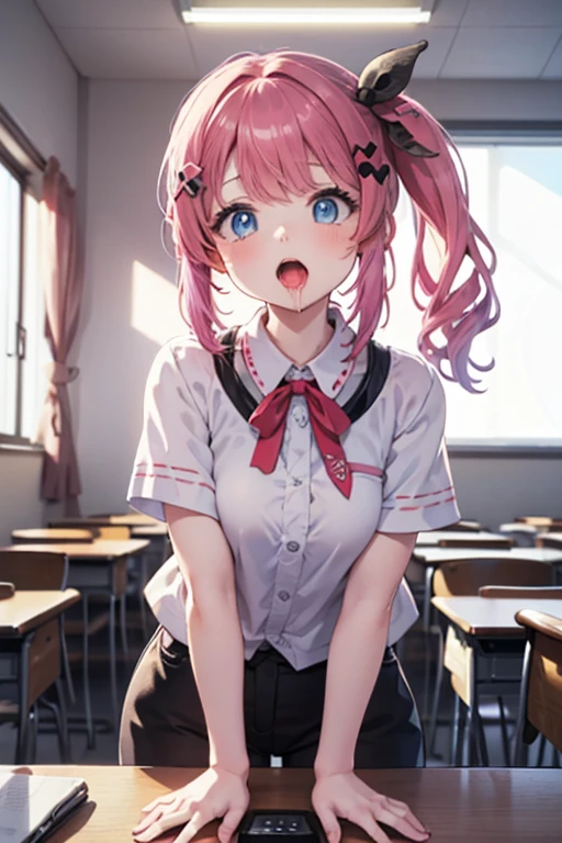 nana devilke, Nana That Devilke, teeth, long hair, (pink eyes:1.5), pink hair, tail, twintails, (flat chest:1.2), sweat(sweat white breath:1.5), 壊す green skirt, Plaid, Plaid skirt, sainan high school uniform, school uniform, skirt, shirt, white shirt, sweater vest, (yellow sweater vest:1.5), short sleeve, shirt lift, destroy indoors, classroom, vaginal,sex,nsfw,1boy,pennis break (masterpiece:1.2), highest quality, High resolution, unity 8k wallpaper, (shape:0.8), (beautiful detailed eyes:1.6), extremely detailed face, perfect lighting, extremely detailed CG, (perfect hands, perfect anatomy),