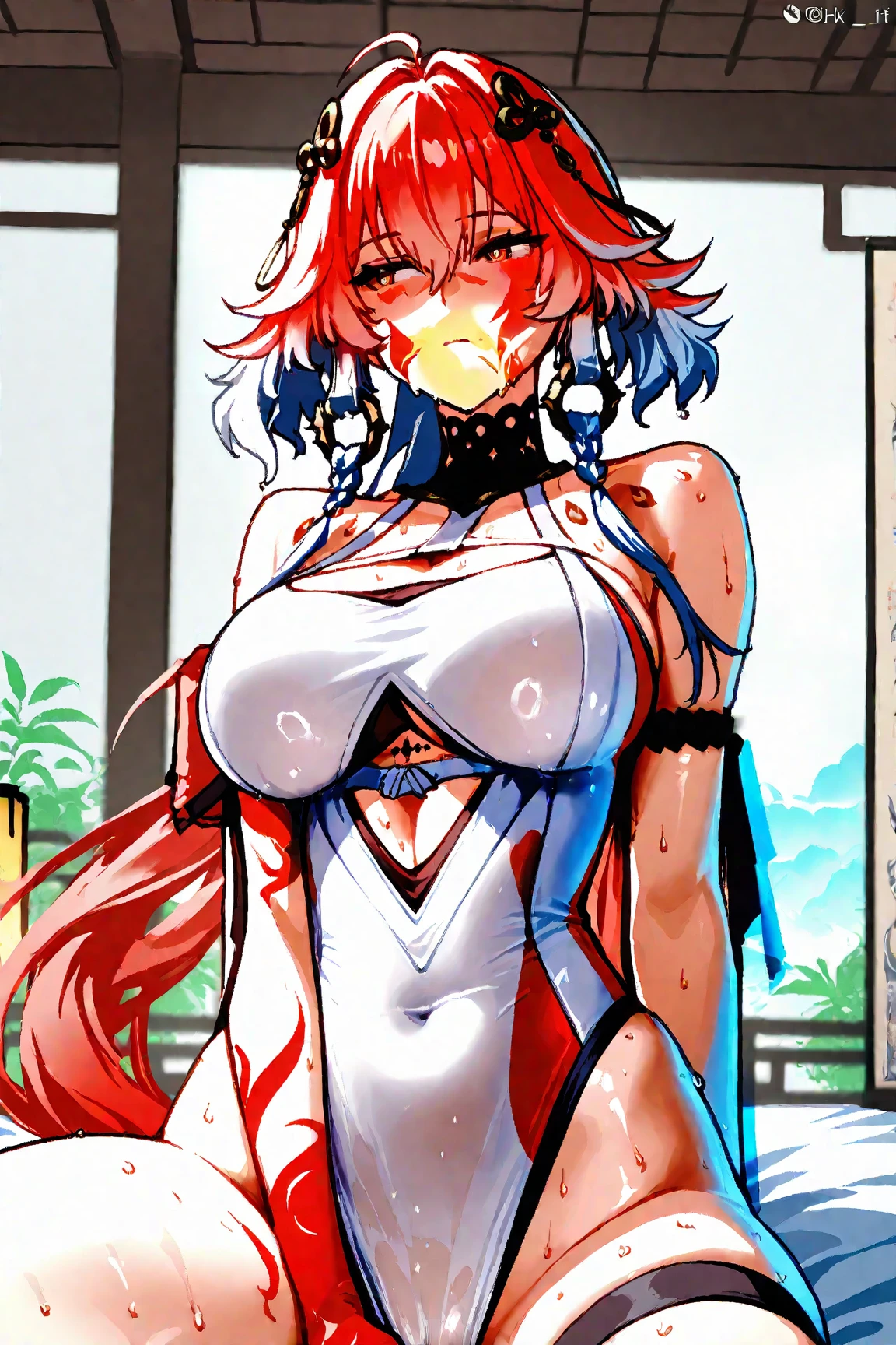 Redhead anime girl wearing pink latex top and black leather pants, garota 16 anos, corpo bonito, seios grandes, red hair with braid, beautiful lighting, olhos azuis, pernas bonitas, agachada, on your knees on the floor, hands on hip, hands on her waist, hair with a braid, estilo anime, desenho anime, Ranma Chan, Autora Rumiko Takahashi, Baseado em obra de Rumiko Takahashi, Anime ranma 1/2, seios grandes, decote sexy, belo quadril robusto, seios bonitos, corpo inteiro, seios lindos, corpo completo, garota jovem com corpo belo e bonito, plano de fundo em branco, sem plano de fundo