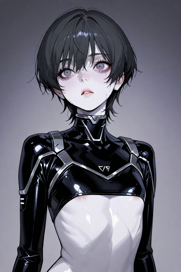 1 girl, very Short hair, tomboy Pixie haircut, black hair, red eyes, lipstick, black choker, face portrait, tank top, shigenori soejima style