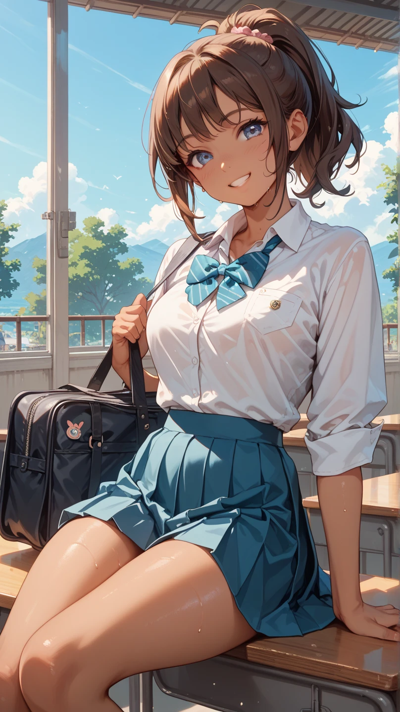 ,Best Quality, absurderes, Highest Quality, A masterpiece with attention to detail, Best Quality, 1girl in, Akira Watanabe, Looking at Viewer, Bangs, Blue eyes, Tight skirt, Hair Ornament, :F, big chest area, Best Quality, 1girl in, Akira Watanabe, tight skirts Very short skirt length, School uniform++ angry looking face cleavage of the breast