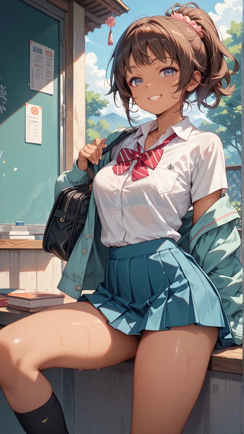 1girl, indoors, shirt, breasts, navel, tied shirt, solo, jewelry, skirt, bracelet, red eyes, blonde hair, short hair, smile, looking at viewer, red skirt, large breasts, plaid skirt, open mouth, wet, plaid, dark-skinned female, wet shirt, dark skin, necklace, wet clothes, bangs, white shirt, cleavage, collared shirt, gyaru, window, :d, blush, hair between eyes, desk, classroom, earrings, pleated skirt, hand on hip, standing, collarbone, stomach, chair, see-through, midriff, miniskirt, shiny skin, school desk, hand up, cowboy shot, , thighs, teeth, school chair, day, groin, contrapposto, shiny, ear piercing, piercing, ass visible through thighs, no bra, dress shirt, sleeves rolled up, bead bracelet, stud earrings, long sleeves, tan, front-tie top, upper teeth only, see-through shirt, crop top, bangle, nail polish, fingernails, hand in own hair, sunlight, kogal, star (symbol), covered nipples, tiles, backlighting, wing collar, pendant, sweat, medium hair, beads, short sleeves, curtains, multiple earrings, wristband, open shirt, tile floor, no panties, open clothes, hair intakes, table, long fingernails, unbuttoned, cross necklace, heart necklace, lower teeth only, partially unbuttoned, microskirt, feet out of frame, simple background, cross, crossed bangs, chalkboard, star earrings, lowleg, bob cut, eyelashes, signature, medium breasts, legs apart, sidelocks, mole, navel piercing, tree, artist name, shiny hair, unbuttoned shirt, white background, ceiling, school, wet hair, arm up, hair tucking, bare legs, pink nails, no humans, sitting, hoop earrings, heart, buttons, skindentation, round teeth, white nails, long hair, red nails, Uniform distribution, see-through silhouette, socks, evening, fang, shadow, mole on breast, water, hand to head, sleeves past elbows, tongue, holding, nipples, pearl bracelet, glint,