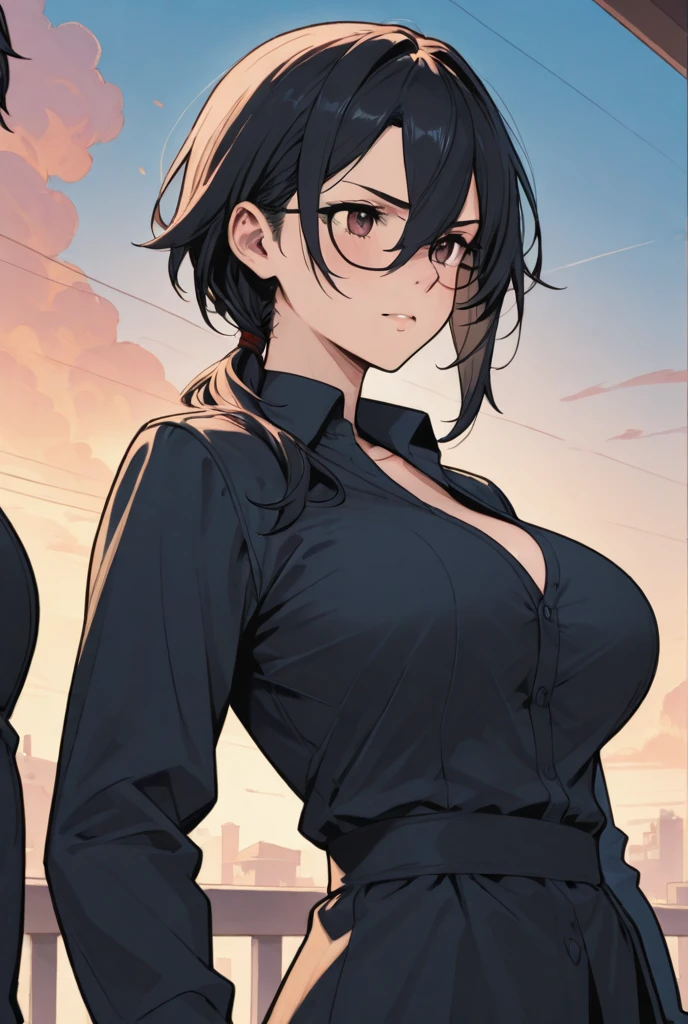 Cute girl, short black hair, black eyes, glasses, gray dress, big breasts, sexy body