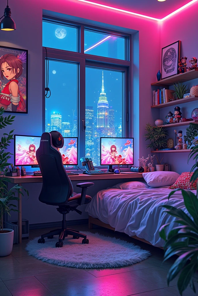 Design an anime bedroom for a gaming enthusiast. Use vibrant colors, LED lights, and posters of favorite games. Incorporate a gaming setup with a futuristic console and comfortable seating. Capture the excitement and energy of a teenager's gaming haven. Text: anime animation, illustration, studio ghibli --ar 3:2 --stylize 750 --niji 5