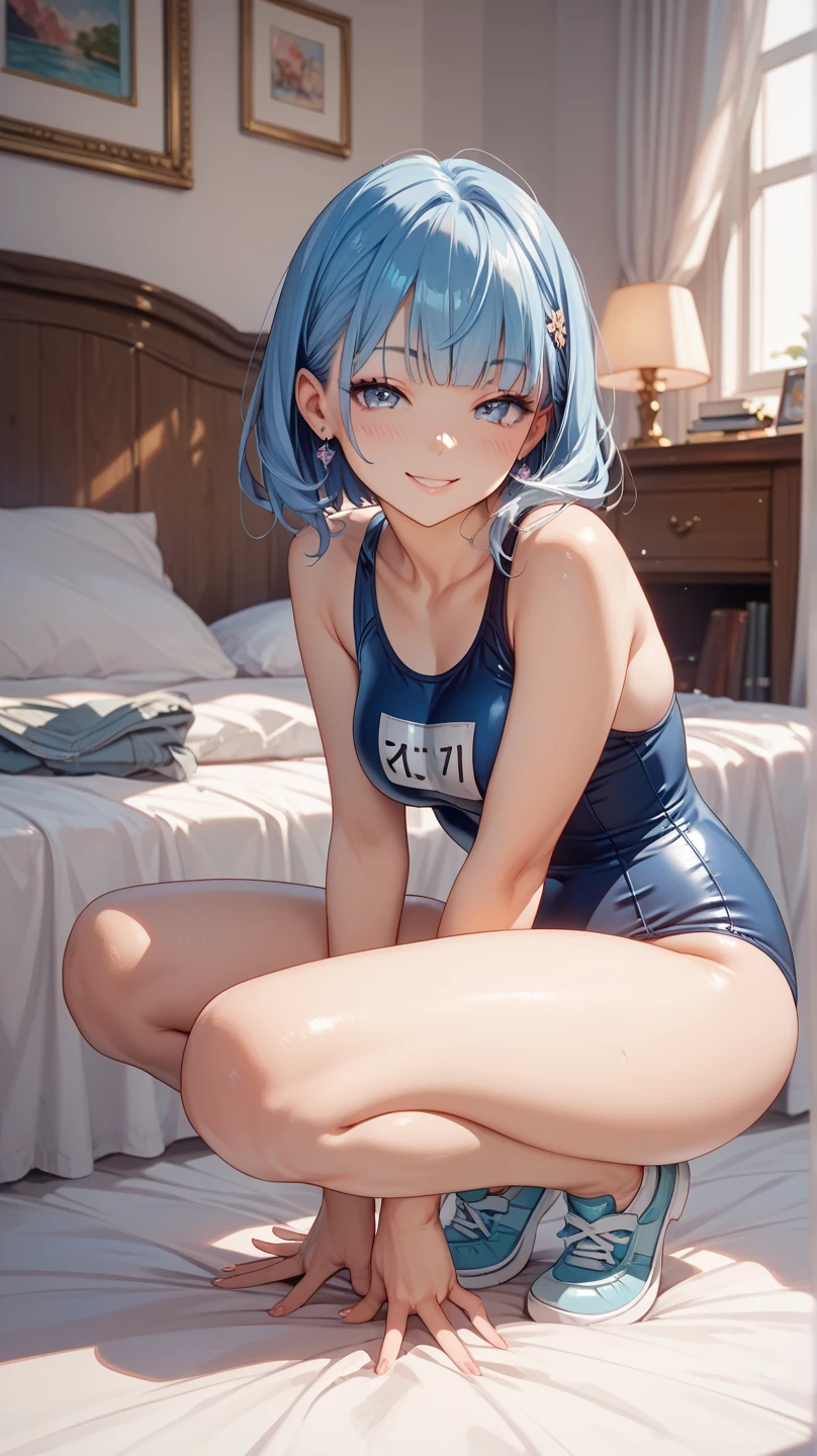 top-quality、Full limbs、complete fingers、Slender beauty、ssmile、Santa Cosplay、lightblue hair、Bery short hair、Wearing a school swimsuit、Wear knee-high socks、darkened room、Lean forward and look at me