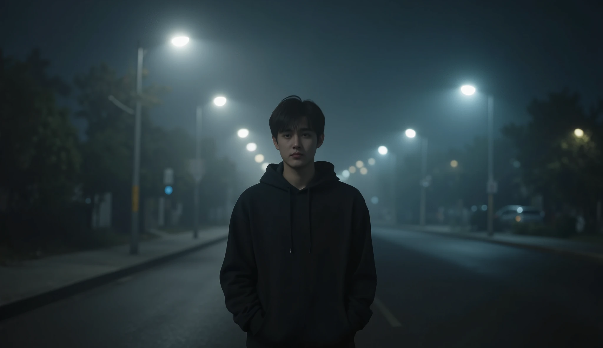 A young man stands alone on an empty street at night, surrounded by soft fog and dim streetlights. The atmosphere is cinematic and moody, with a dreamy haze and long shadows. He looks distant, wearing a hoodie with hands in pockets. Mood: quiet, reflective, and hauntingly beautiful.