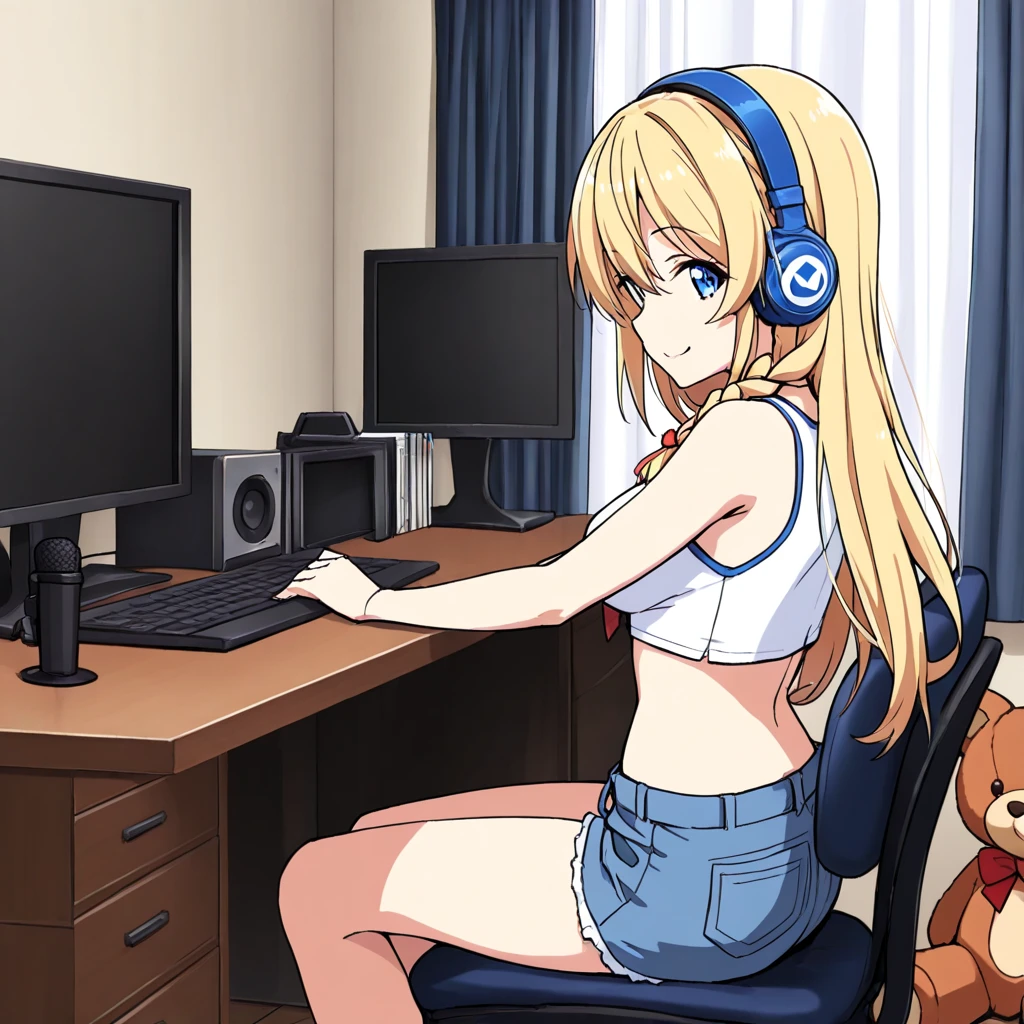 marin, 1girl, solo, long_hair, looking_at_viewer, smile, bangs, blonde_hair, shirt, red_eyes, jewelry, closed_mouth, school_uniform, collarbone, white_shirt, upper_body, multicolored_hair, earrings, necktie, choker, collared_shirt, indoors, pink_eyes, eyelashes, makeup, black_choker, parody, anime_coloring, 8K, best quality, perfect quality, gaming room, 1 girl, sexy, short hair, underboob, sitting on gaming chair, wearing a gaming headphones, holding a controller, looking sexy, thick, no panties, perfect ass, waifu, waifu material, fishnets, playing game, eating snack,