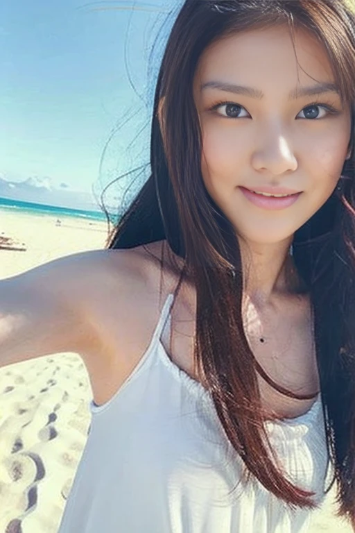 ((top-quality、Top image quality、超A high resolution))、Beautiful girl walking on the beach、Neat and clean beautiful girl、solo、((medium breast、small tits:.1.8))、cute smile face、Round contour、A charming smile、White teeth、idol、Ultra-detailed and beautiful skin、tthin eyebrows、light skinned、A dark-haired、short-cut、micro bikini、Super detailed and beautiful face