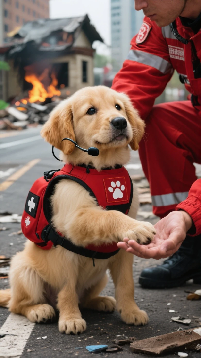 an image representing the red cross, a child a volunteer who represents respect a dog the IMAGE MUST BE REPRESENTED AS IF IT WERE A PAINTING ON A CANVAS