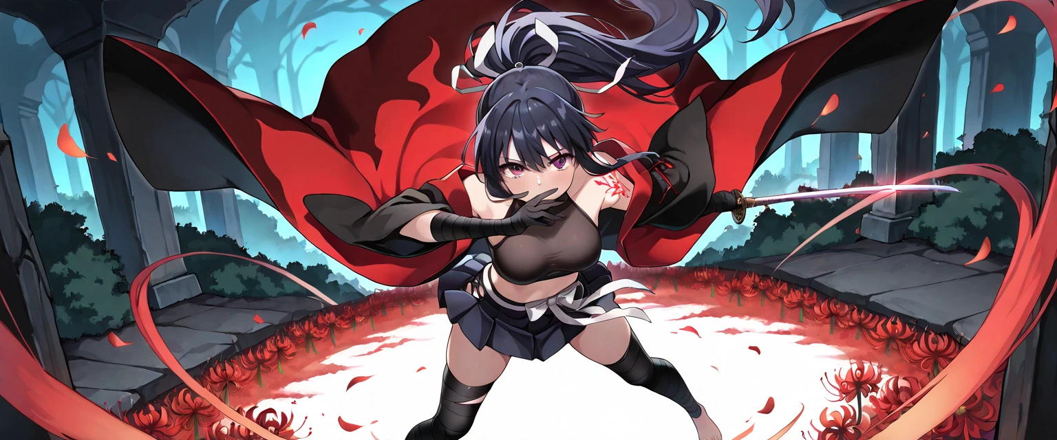 Anime, Girl, (((1girl))), (((Waifu, Raven Branwen, Raven Branwen Waifu))), (((Black Hair, Messy Hair))), ((Crimson Red Eyes eyes: 1.3, Upturned Eyes: 1, Perfect Eyes, Beautiful Detailed Eyes, Gradient eyes: 1, Finely Detailed Beautiful Eyes: 1, Symmetrical Eyes: 1, Big Highlight On Eyes: 1.2)), (((Lustrous Skin: 1.5, Bright Skin: 1.5, Skin Fair, Shiny Skin, Very Shiny Skin, Shiny Body, Plastic Glitter Skin, Exaggerated Shiny Skin, Illuminated Skin))), (Detailed Body, (Detailed Face)), Young, ta, (Best Quality), (((Bicep-high Gauntlets, Armored Boots, Thigh-high Heeled Boots, Armored Gauntlets))), (((Battle Kimono))), (((Skirt))), High Resolution, Sharp Focus, Ultra Detailed, Extremely Detailed, Extremely High Quality Artwork, (Realistic, Photorealistic: 1.37), 8k_Wallpaper, (Extremely Detailed CG 8k), (Very Fine 8K CG), ((Hyper Super Ultra Detailed Perfect Piece)), (((Flawless masterpiece))), Illustration, Vibrant Colors, (Intricate), High Contrast, Selective Lighting, Double Exposure, HDR (High Dynamic Range), Post-processing, Background Blur