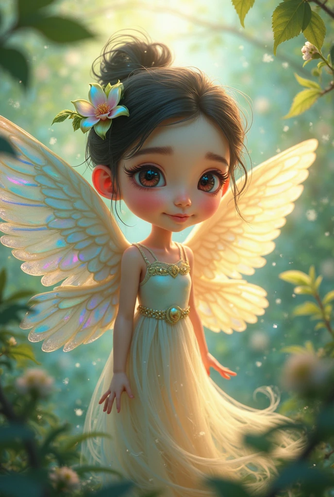 Create 3D picture of a beautiful 12 year old GIRL  sitting on the white sofa set chair, the girl is wearing a neon, background wall decorate in flower and leaves and written on capital Big font white colour "SEJAL" and wing are green colour look like angel