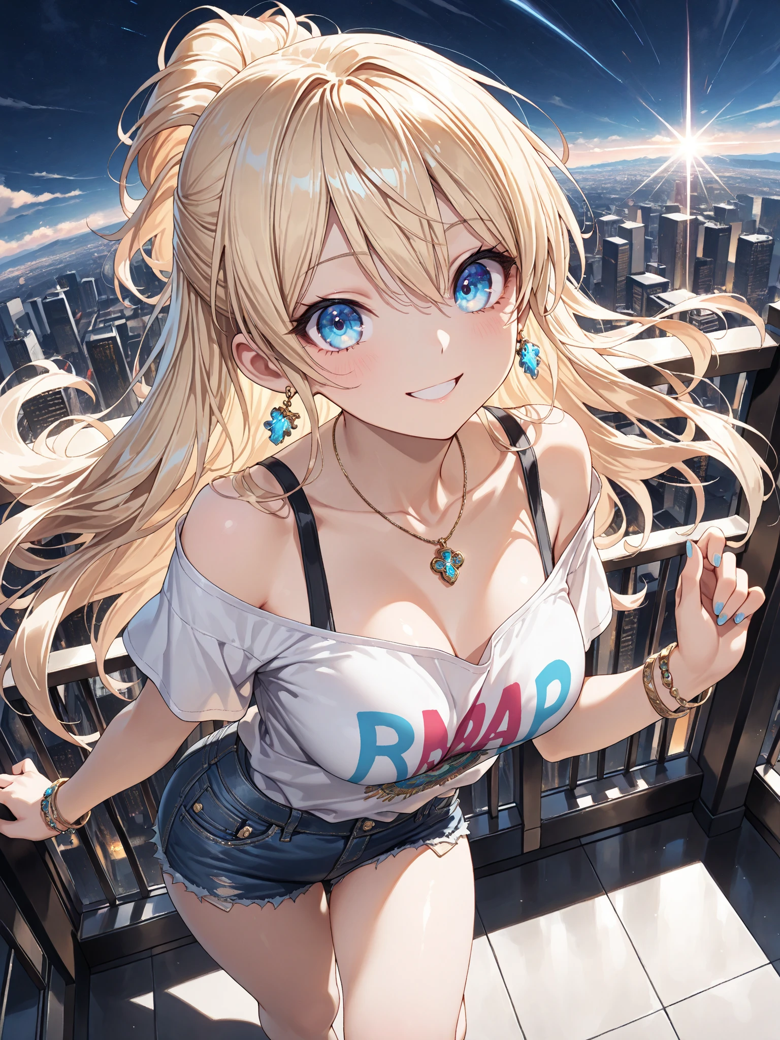 ultra-detailed, extremely detailed, masterpiece, highest quality, best quality, absurdres, highres, subsurface scattering, (1girl:1.5), (solo:1.4), smile, blonde hair, blue eyes, eyes reflections, detailed eyes, perfect eyes, rendered eyes, (looking at viewer:1.1), dynamic pose, dynamic angle, full body, detailed skin, skin pores, shiny skin, glossy skin, (skindentation:1.2), breasts, hair flow, idol, skimpy casual clothes, intricate clothes, denim skirt, (panties:0.7), summer, daytime, sun, outdoors, college, campus, city, sidewalk, (water:0.8), (detailed background:1.2), (intricate background:1.2), depth of field,