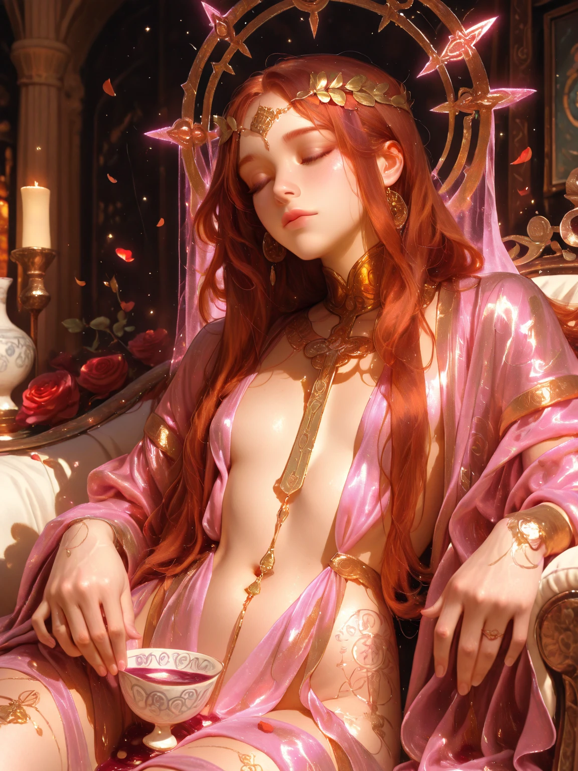 (tmasterpiece, best quality), solo person, personal focus, red hair, indoors, , long, wax candles, looking at viewer, (high tone gold heels),See-through white clothes,((night)),cropped arms,( sit on the bed),((Spread your legs)),(,Gold bracelet,Gold earrings,gold choker, night, moon rays, slit sleeves, gold color anklet