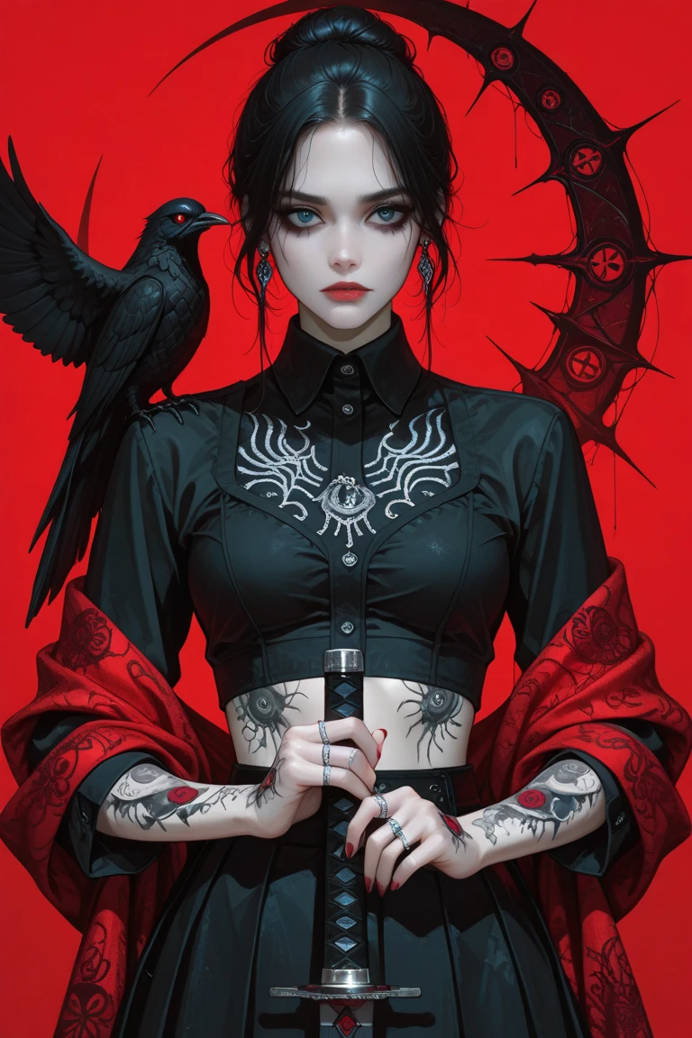 portrait, masterpiece, best quality, (red theme, limited palette:1.3), (vampire 1girl, dynamic pose, intricate syringe, feathered wings, light, wind, neon Abaya, death, dark blue hair short hair tri braids, perfect face, rainbow eyes), medium breasts, (highly detailed), (perfect face),((eyelashes)), (realistic), thick lips, shrine, spot color, night castle background, runes, by Jeremy Lipking, by Antonio J. Manzanedo, by Frederic Remington, by HW Hansen, by Charles Marion Russell