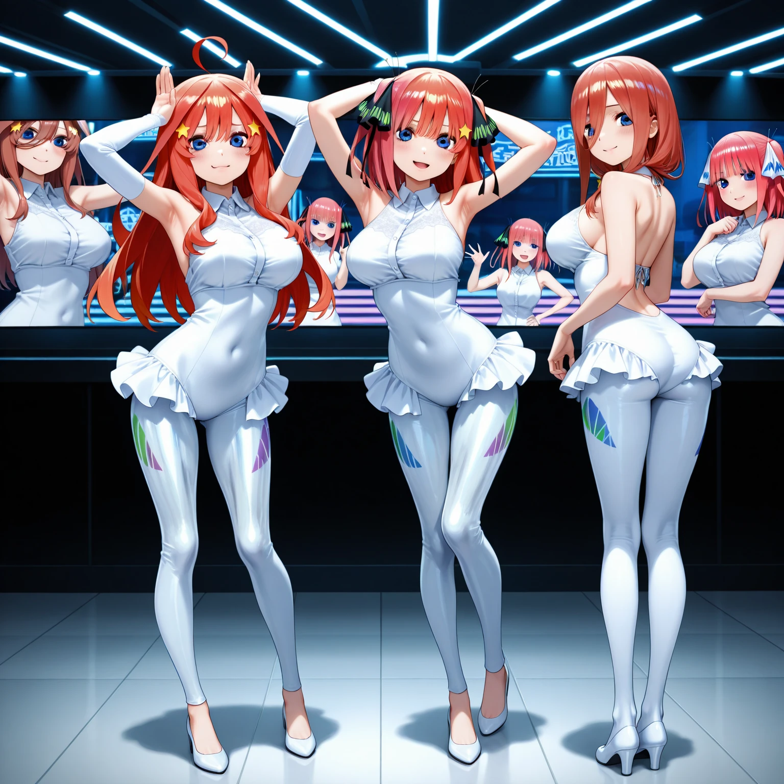 ((Anime Infinite Stratos Art, 8k, top quality, nfsw)), The theme is pool party.  It's daytime.  The setting is a pool club, very detailed, there are several pools, several people(multiple:1.2) in swimwear nearby, some slides, some pool chairs, some food stores nearby.  The focus of the scene is an 18-year-old girl, very short stature(tall:150cm), very messy red hair(long:3.1), beautiful and slightly rounded face, purple eyes(bright:1.9), skinny body, white redhead skin, narrow chest, flat breasts, thin waist, narrow hips, very big and fat ass(big:2.2), wears a pink short thong bikini, fragile behavior, walking around the scene, fullbody rear vision(far:1.1), makes the men on the scene crazy with lust.  The atmosphere is fun.  Everyone in setting having fun.