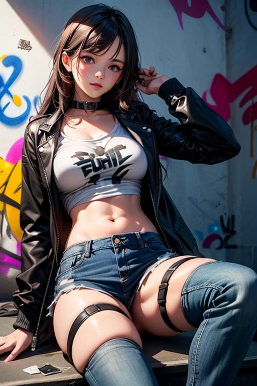 masterpiece, best quality, (extremely detailed CG unity 8k wallpaper, masterpiece, best quality, ultra-detailed, masterpiece, best quality, 1girl, solo, crop top, denim shorts, choker, (graffiti:1.5), paint splatter, arms behind back, against wall, looking at viewer, armband, thigh strap, paint on body, head tilt, bored, multicolored hair, aqua eyes, headset, Tatsumaki,