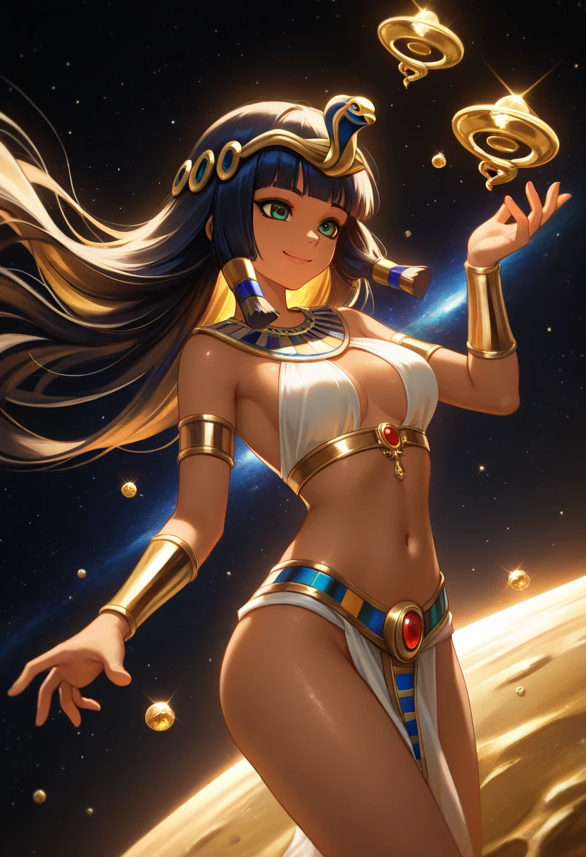 egyptian girl, black skin, egyptian hair, Cleopatra's hair, black hair, Golden diadem on head, wearing white egipcian outfits, golden palace, smoke in golden vessels, smoke coming out of the mouth, tattooed body, egipcian symbols in body, Smiling in an oasis, 4k