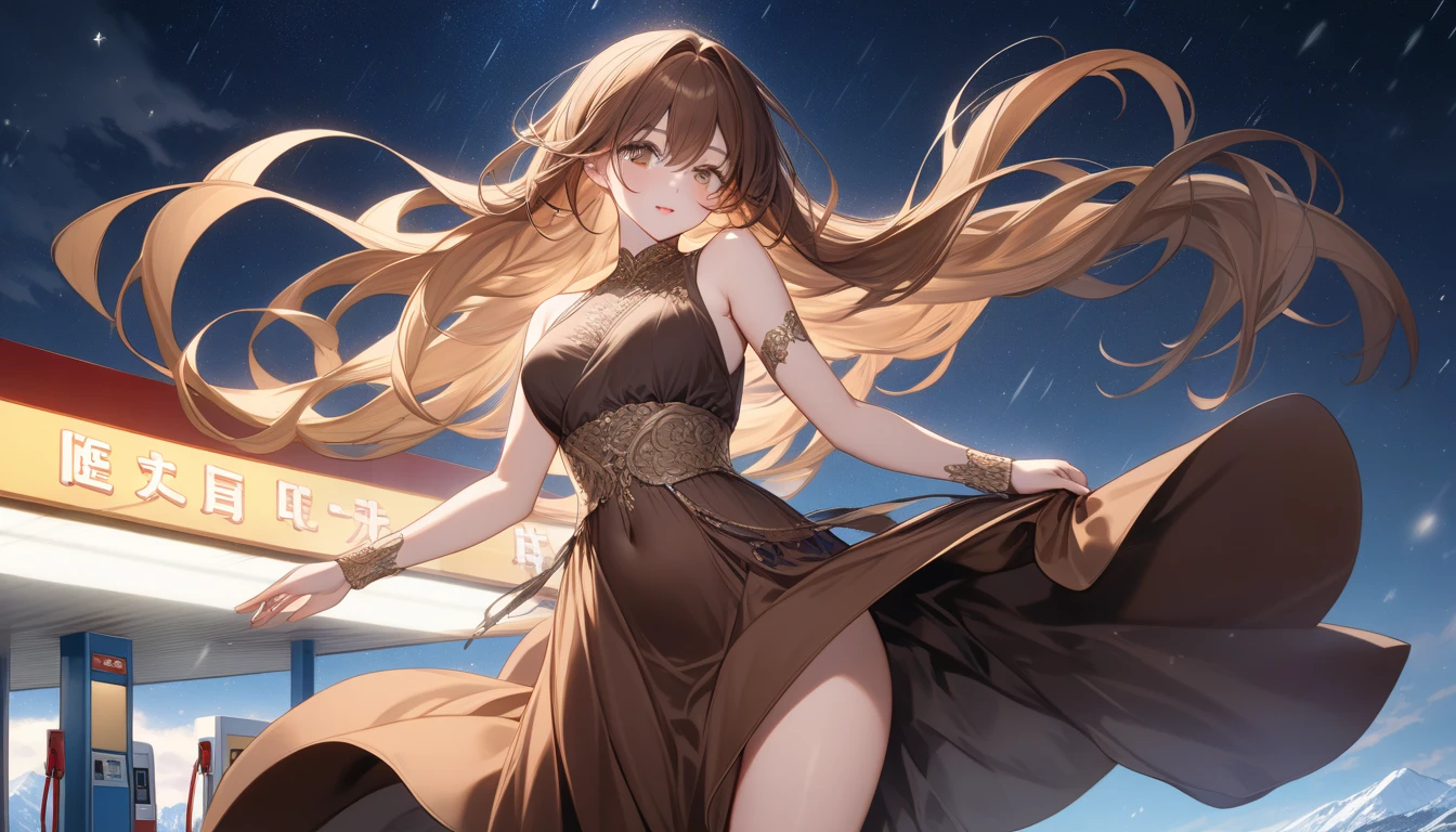 Asuna,STAR,Big Breasts,Brown Hair,Brown long dress,Lots of decoration,sunset,Pose that emphasizes cleavage