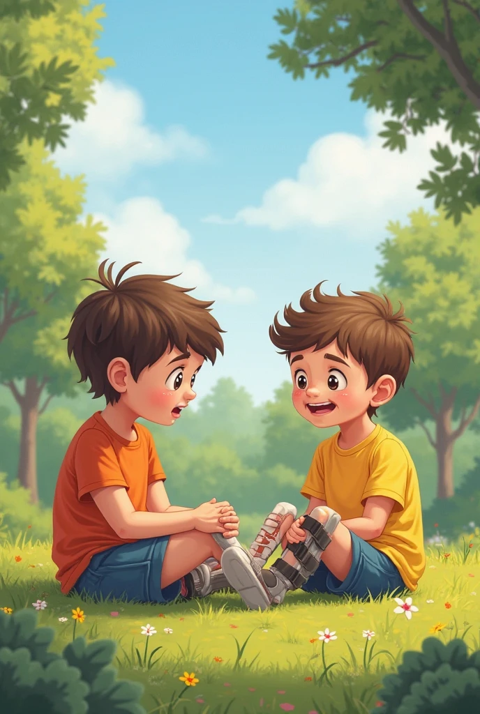 Draw two boys sitting in the playground and talking