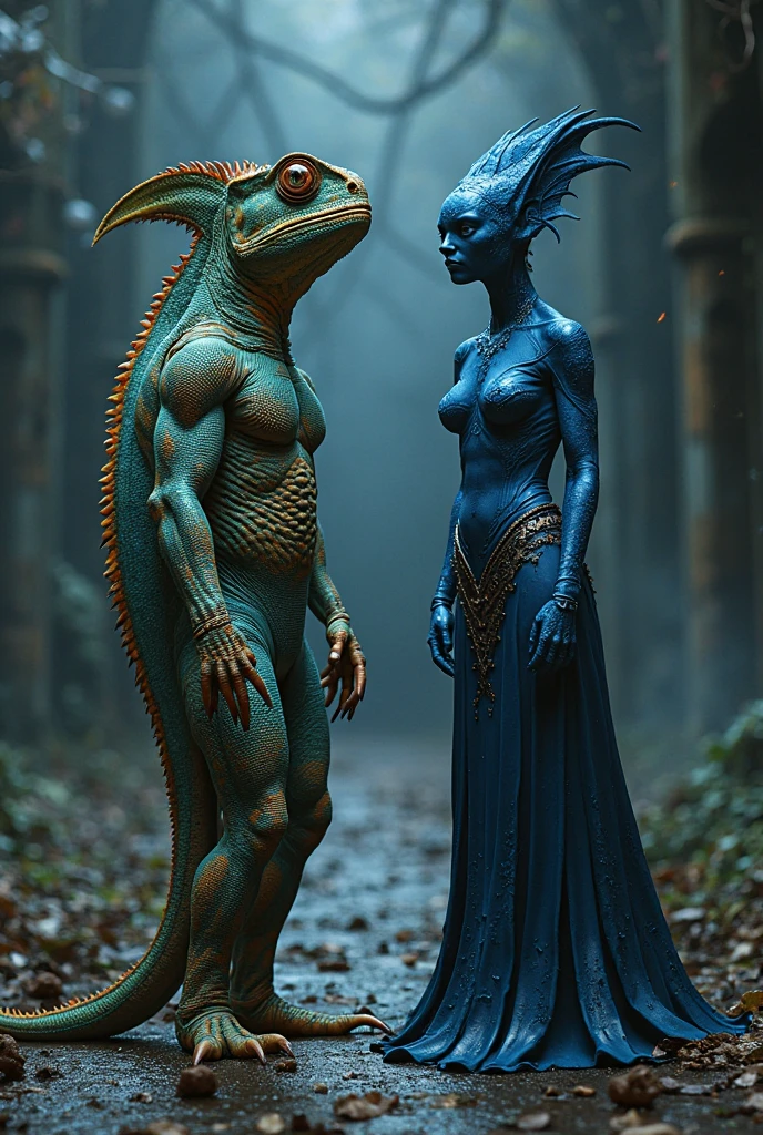 There are two alien people(soft human features) with horns and body paint, alien man with alien woman, zbrush contest winner, jessica rossier e brian froud, alien hybrids, female humanoid creature, saurians, Sylvain Sarrailh e Igor Morski, hyperdetailed fantasy character, concept creature character art, zbrush central contest winner, ancient humanoid beings, full body on show, strong and anatomically perfect bodies, white hair, side-by-side, tribal clothes holding baby same style, all holding