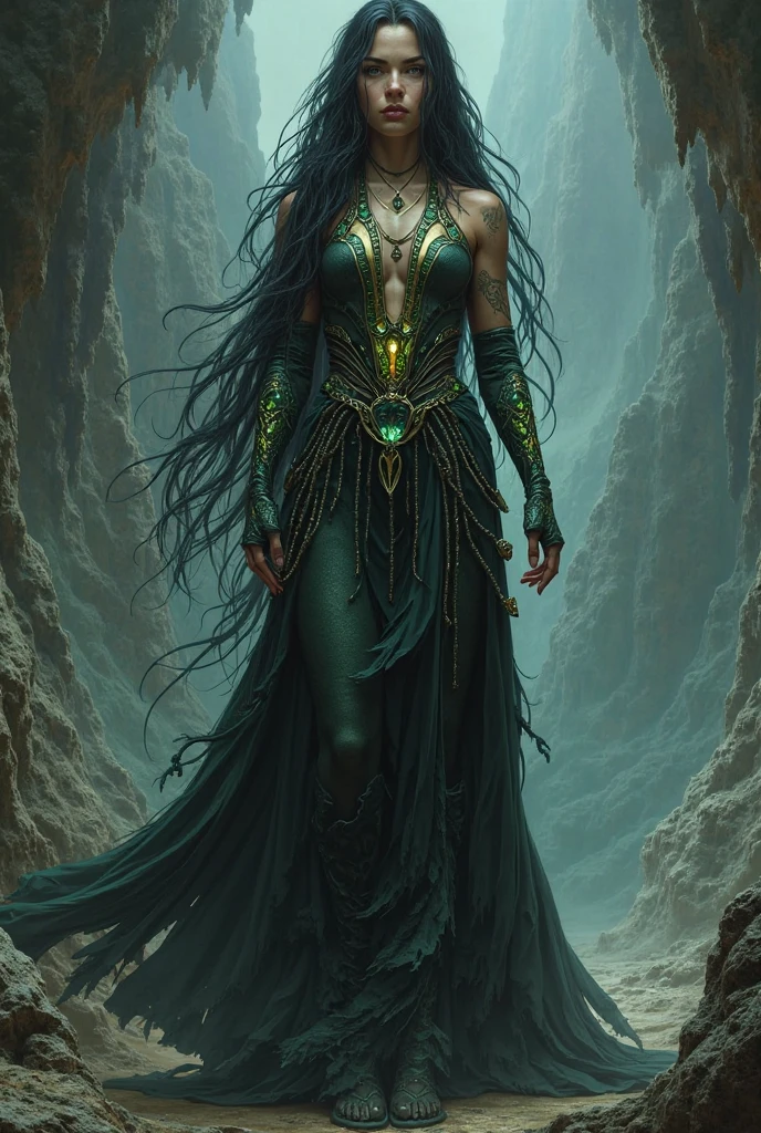 Beautiful adult woman with green hair and green eyes with perfect anatomy, Ancient Greek clothing in black color besieged in the Greek Underworld comic style