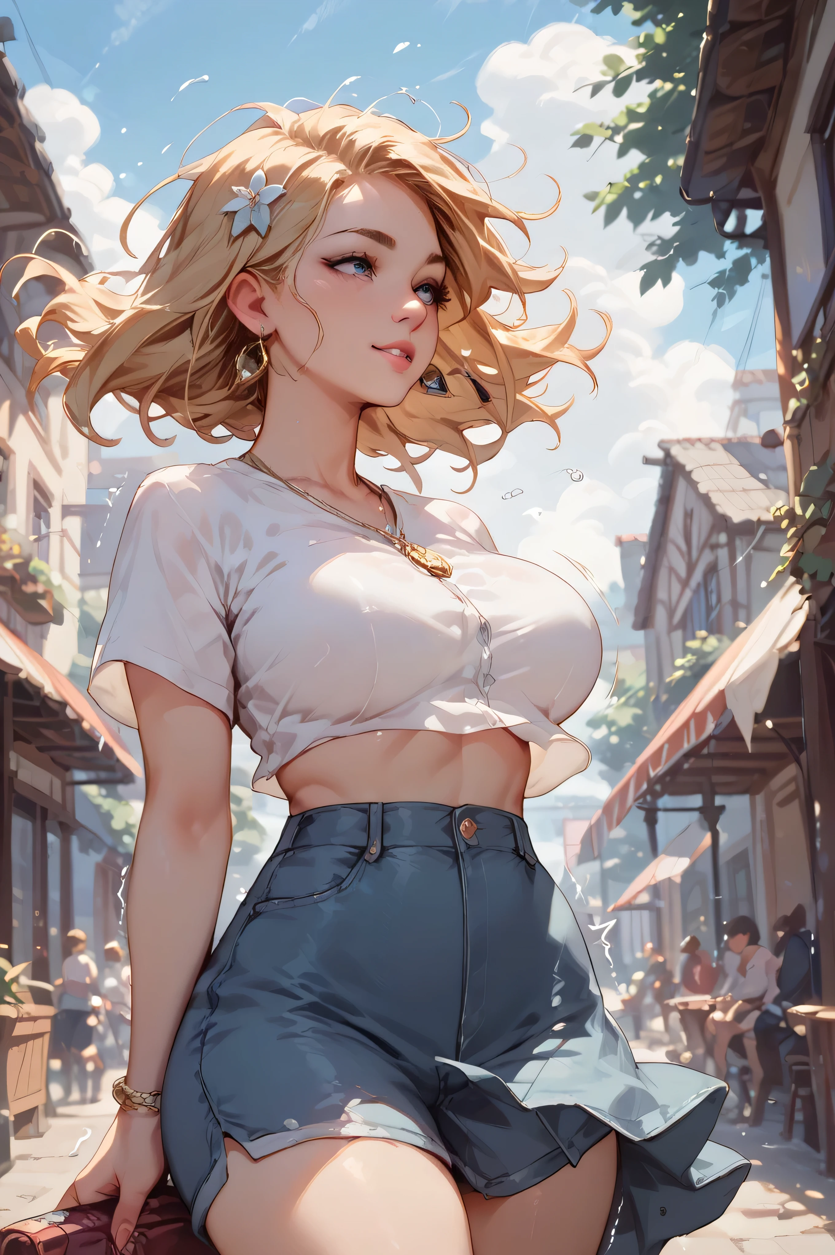 a woman whose hair is shaking in the wind、Clothes are shaking too