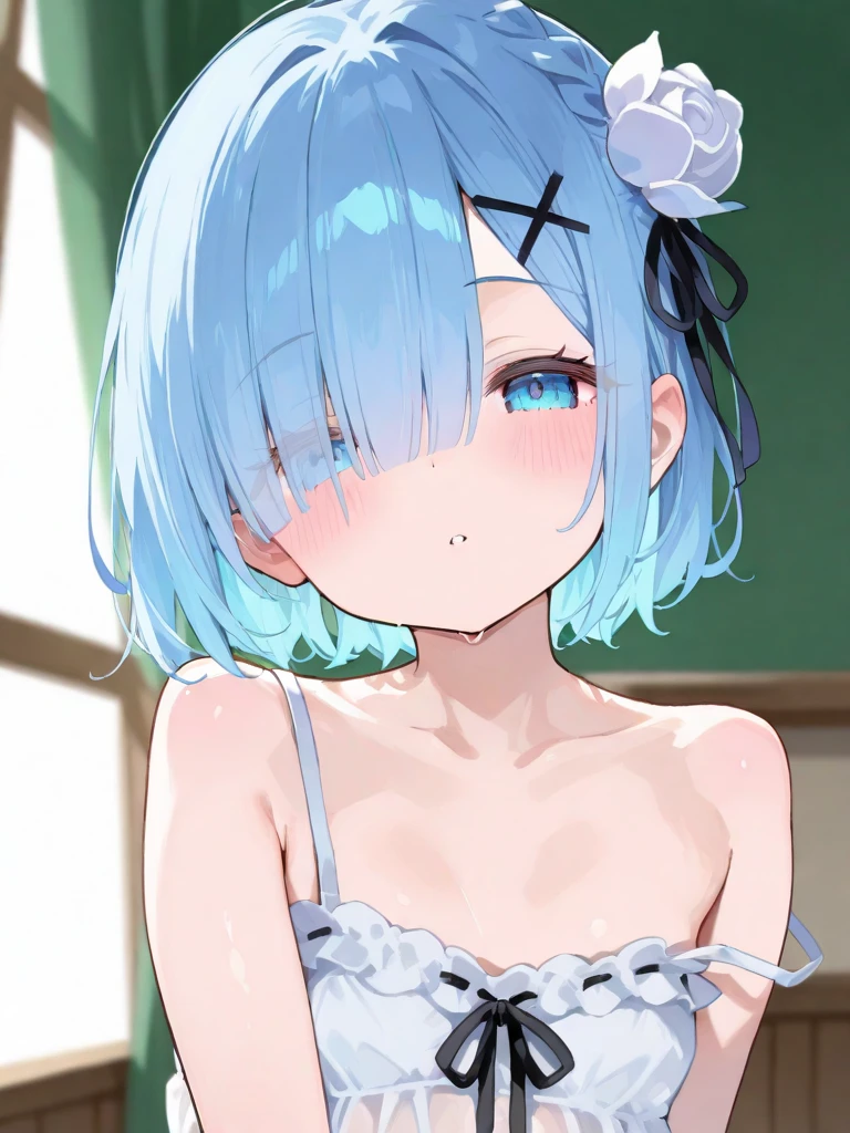 masterpiece, absurdres, high quality, highres, best quality, 1girl, arona (blue archive), blue archive, blue eyes, strapless, (artist official art:1.5), (realistic face), (narrowed eyes), (from above:0.8), (cowboy shot:1.5), (concept art:1.5), panties, (thigh), expressive eyes, perfect face, 4k, extremely detailed anime illustration, extremely detailed eyes, enhanced details, perfect anatomy, light rays, photo background, extremely delicate body, smooth skin, feminine expression, (black background:2), cristal clear eyes, beautiful face,