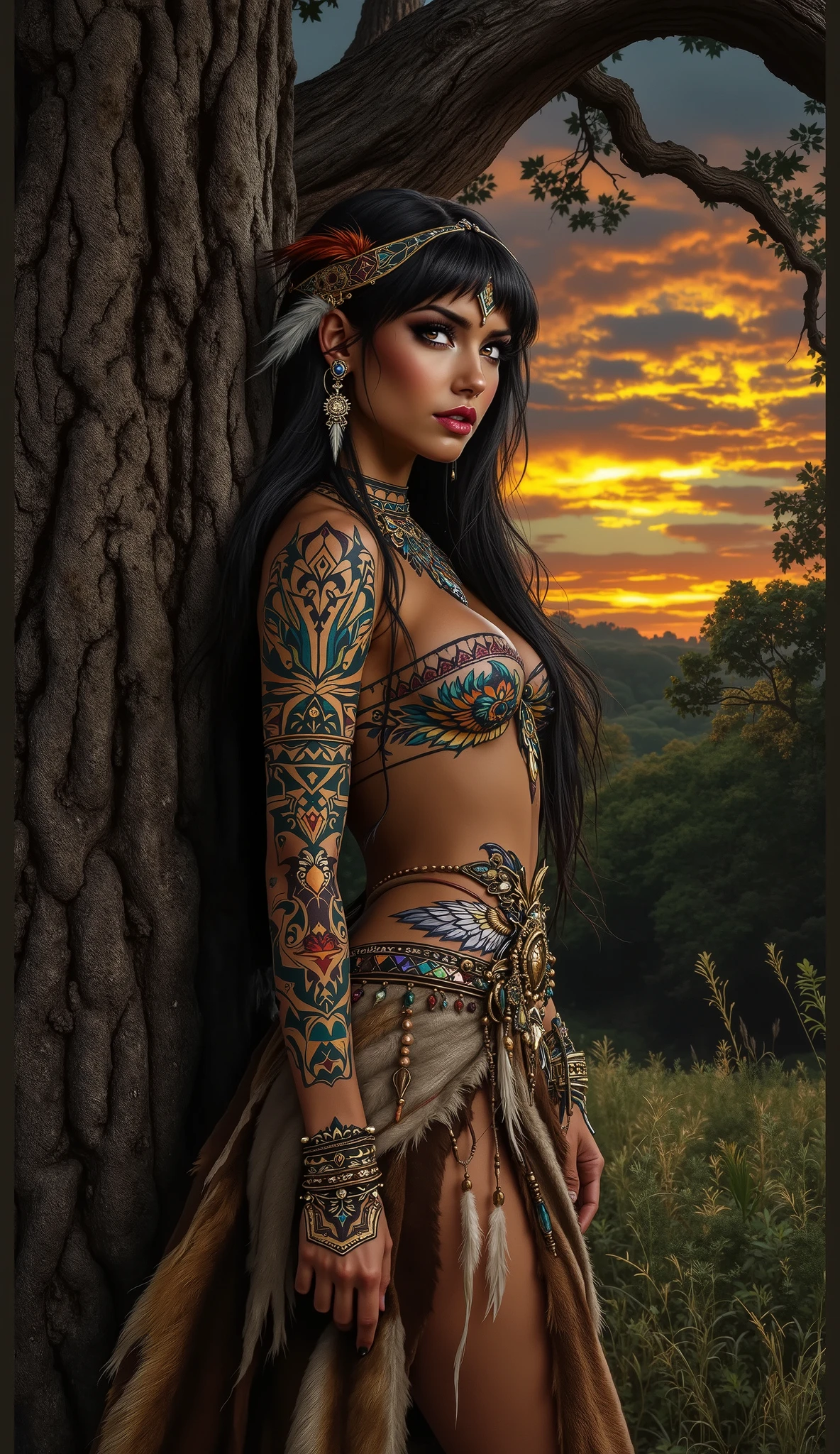 beautiful indigenous warrior woman from South America, long hair with small dreadlocks with feathers in the hair, wearing very few clothes, breasts big, tribal face tattoos, with technology adornments on the cyborg body and arm, full body image