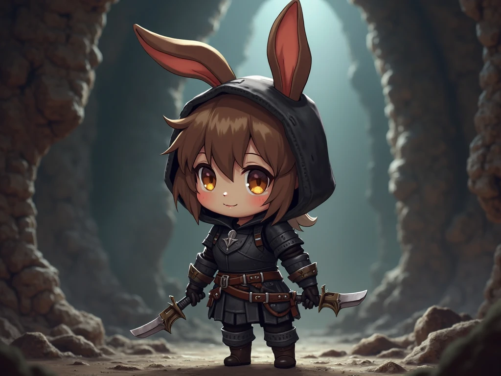 (bunny), solo, young, cub, chibi, brown fur, ((fluffy brown hair)), (brown bunny ears), brown eyes, snout, feminine face and body, black ((assassin armor)), black hood up, adventurer equipment, harnesses, wide hips, ((canine penis)), ((knot)), balls, stocking armor, up close, standing, dark dungeon, dark room, Very good figure, best quality, highres, 16k, Natural soft light, Tyndall effect, Advanced film lighting, Unreal Engine5, Extremely realistic, A high resolution, perfect masterpiece, high quality, high resolution
