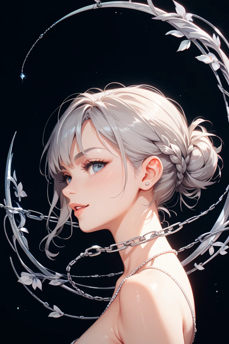 Highest quality,The perfect masterpiece,Perfect artwork,Official Works,8K,
(Upper Body Portrait:1.3),((Seen from the side:1.5)),close-up lens,Delicate face,
17 years old,White-haired girl,(hakuhatsu:1.5),short and medium hair,((White transparent eyes:1.5)),(white dress:1.2),(Transparent clothing:1.2),(Black background:1.3),
pearl illusion,Cyberpunk,fashion trend,3s material,high-definition,detail representation,c4d,3D,octane rendering,ray tracing,complex details,animated lighting,OCrenderer,