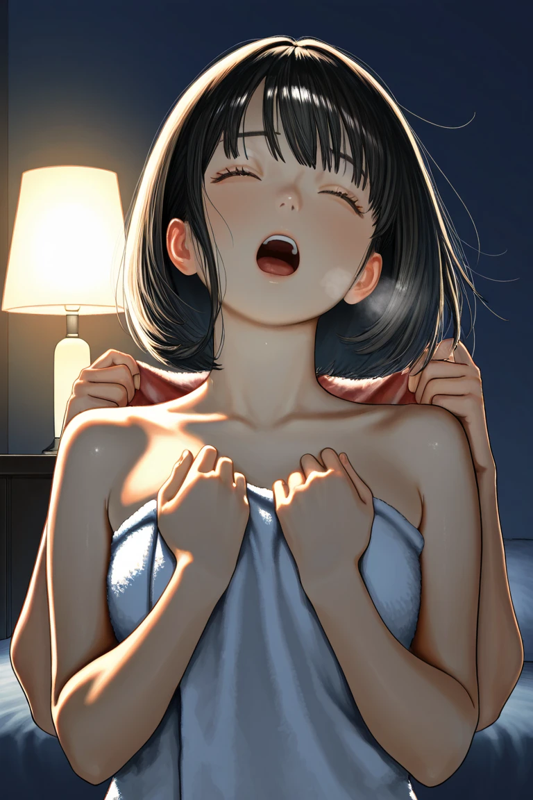 Night time,(Masterpiece), Best Quality, ultra-detailed, MIZUKITO, TAN, dark skin, naked body, EARRINGS,nude,  wet body(sweat, cum), slender and sexy body, 1girl, solo,a pained face, closed eyes, head tilt, headback, open mouth(Screams), nose blush, blush,night time, school, in the bedroom, on the bed, lie down, lying, lying on person,spread  legs, spread arms, ,mature women, a 40-year-old married woman,  the mother of a friend, ,rape, 1boy, 
breasts grab , sex, hetero, lying  sex, sex from behind  pussy, penis, cumdrip from her pussy , top view 