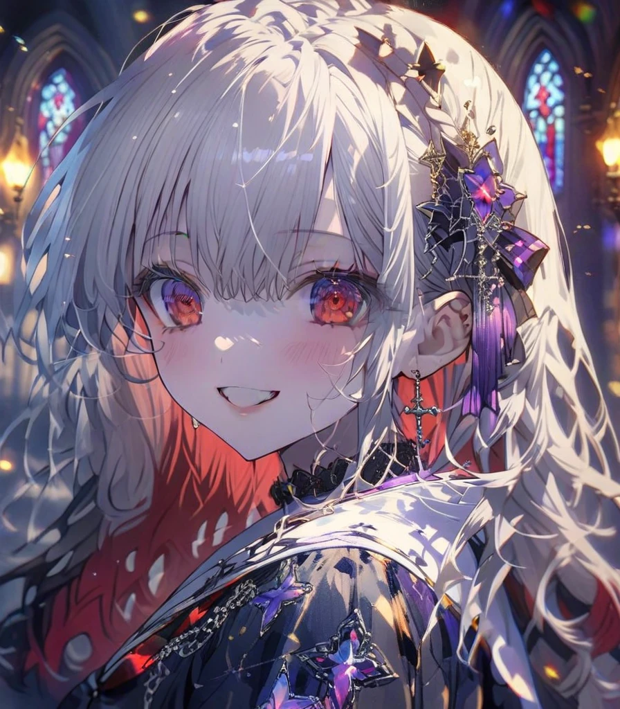 masterpiece, best quality, highres, 1girl, aatsumugi, (sky blue hair:1.2), long hair, low-tied long hair, blunt bangs, hairclip, bonemagic , energy stream, <lora:shiraishi_tsumugi_v1:0.7>, looking at viewers, smile, upperbody, Transmutation, Transformation, evil smile,