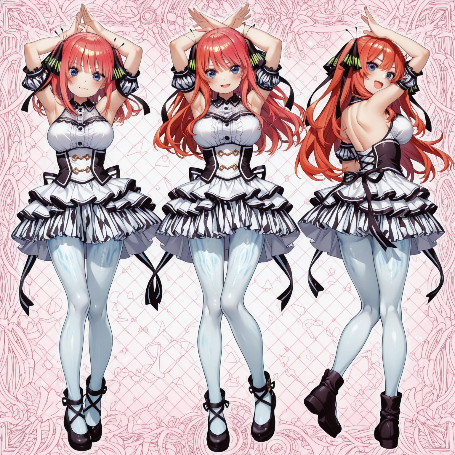 masterpiece, best quality, 1girl, solo, simple background, white background, multiple views, reference sheet, dynamic pose, bear girl, bear ears,very short dress, thighhighs, long hair, strawberry hair ornament, strawberry choker, smile, open mouth, one fang, large breasts, cleavage,