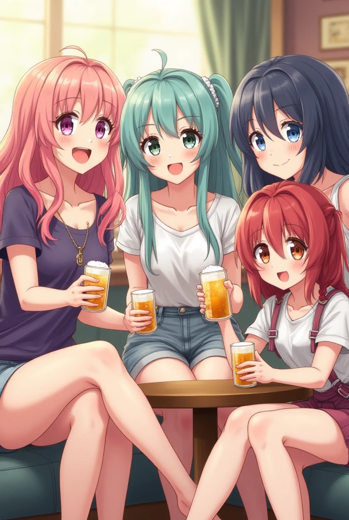 ((top quality)),((masterpiece)),((perfect face)),((background blur)),((kawaii)), Panorama,Four beautiful women, Denim clothing, Four bottles of beer, one table of dishes,, lively, serious expression, scowling expression, flustered expression,Closeup, Expressions of joy, anger, sorrow, and pleasure, ((kawaii)), close up, Happy smile, shame, joy, fun,