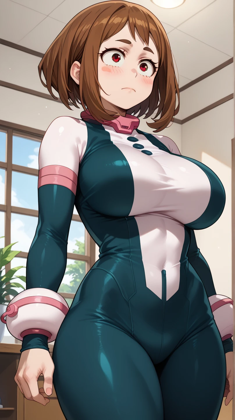 highest quality, High resolution,Anime Screen Capture, SF、three women、realistic, masterpiece, highest quality, perfect anatomy, (fine eyes), (nurse, huge breasts、Chubby), Sweat, city,、((White Pink Sci-Fi Suit、Mechanical protector、white gloves、White pink knee socks、pink panties))、 green eyes、hand on chest、short hair、((brown hair)) ,braid pigtails、  ((blush))、(wide hips)、smile、 closed one eye、((((embarrassing))))、((Red Rim Glasses))、Are standing