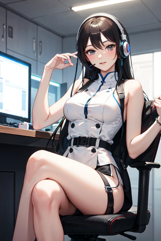 masterpiece, highest quality, 1 girl, solo exia def, black hair,headphones, choker, off shoulder, (Big T-shirt:1.3),too big,length,(nipple slip from), clavicle, bottomless,(white panties:1.3),(sit on a gaming chair:1.5),cowboy shot,(holding a game controller),open_legs,groin,solo,thighs,solo
