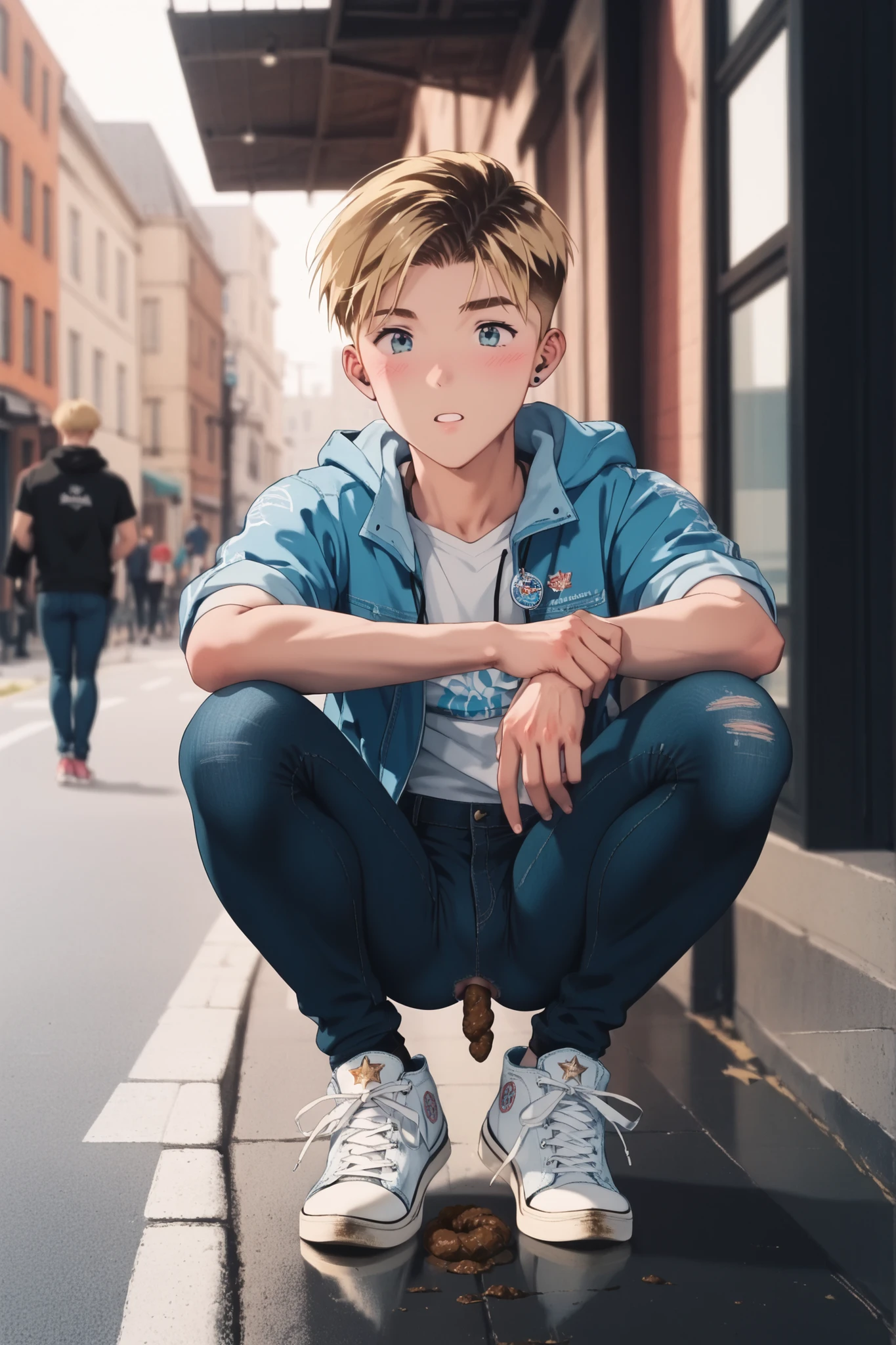 score_9, score_8_up, score_7_up, score_6, (masterpiece), best quality, Slim sporty boy 1boy, wearing hoodie, 1boy, (is squatting, Legs lowered :1.1), (((Panty Poop ,nsfw, ass with poop)), internal, 1boy, blonde hair, (short bob, crew cut,),, wide shoulder ,thin waist, wide hips, break, (a pair of black ripped skin tight leggings jeans:1.8), (sneakers converse x-hi:1.7), (((jeans hole Poop ,nsfw, ass with poop))), spread legs. A long, hard piece of excrement protrudes from a small hole between the back pockets of his jeans