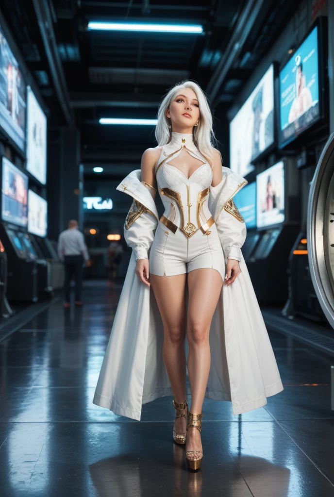Best picture quality, high resolution, 8k, realistic, sharp focus, realistic image of elegant lady, beauty, supermodel, pure white hair, blue eyes, custom design, 1 girl,mecha, on escalator, looking behind