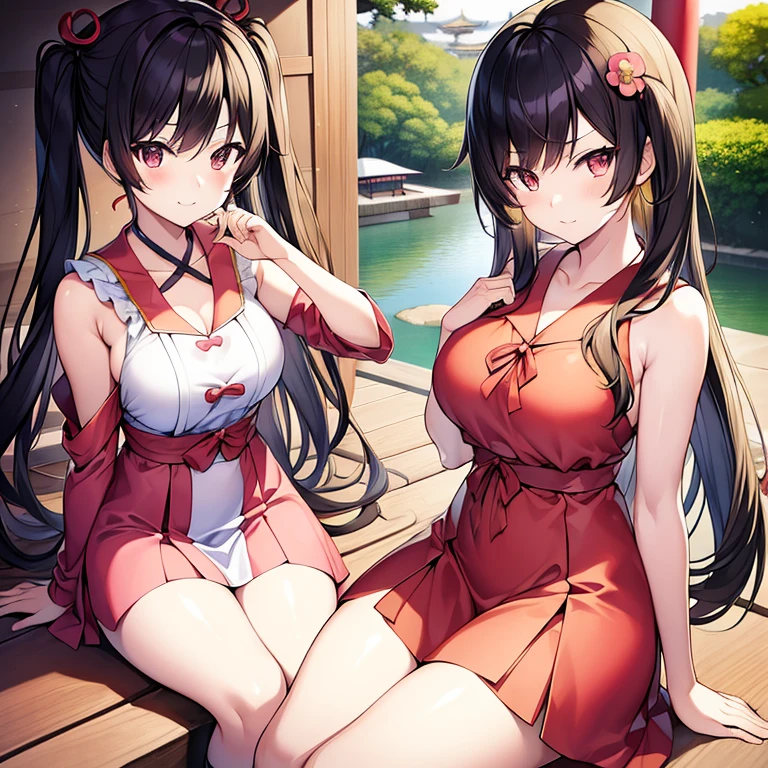 2girls,bare breast,Super detailed、masterpiece,long hair,huge breast,((China dress)),smile,bare shoulder,squatting,looking at the camera,Spread your legs,gigantic breast